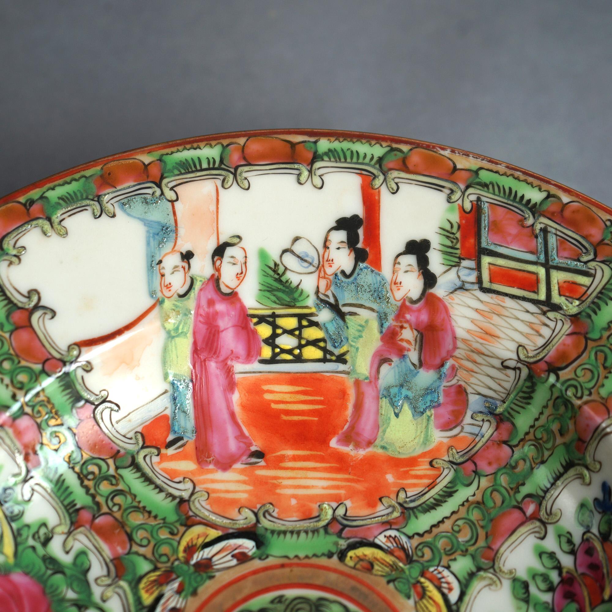 Antike chinesische Rose Medaillon Porzellanschale mit Reserven mit Gärten & Genre Szenen C1900

Maße - 1,5 