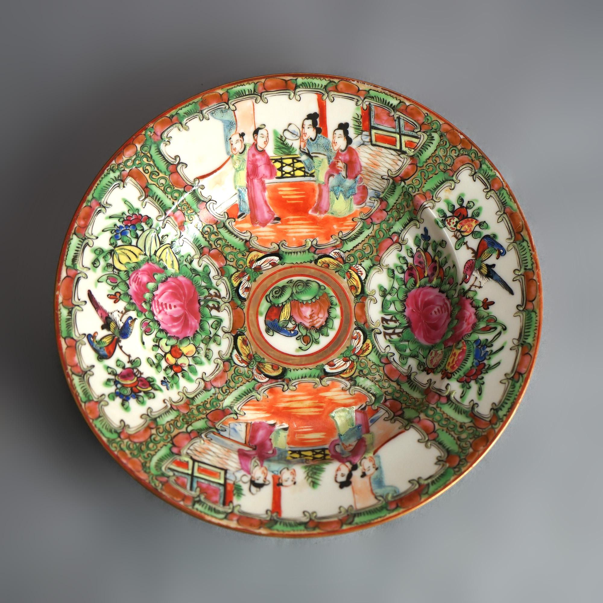 Gilt Antique Chinese Rose Medallion Porcelain Bowl with Gardens & Figures C1900 For Sale