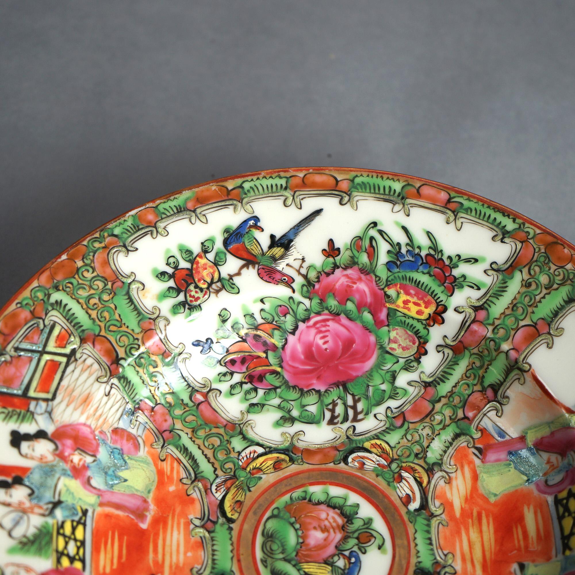 Antique Chinese Rose Medallion Porcelain Bowl with Gardens & Figures C1900 In Good Condition For Sale In Big Flats, NY