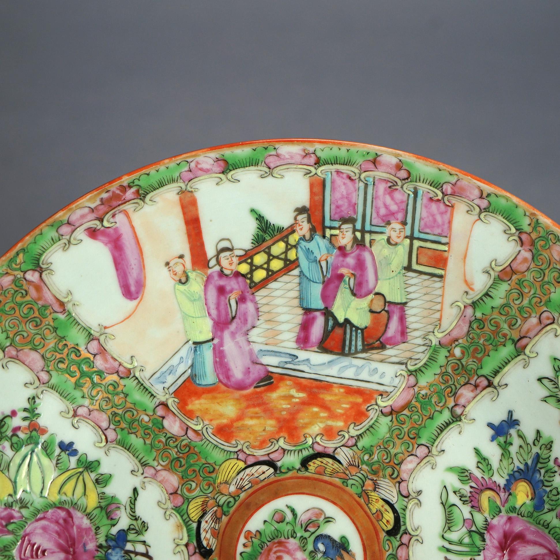 Gilt Antique Chinese Rose Medallion Porcelain Charger with Gardens & Figures C1900 For Sale