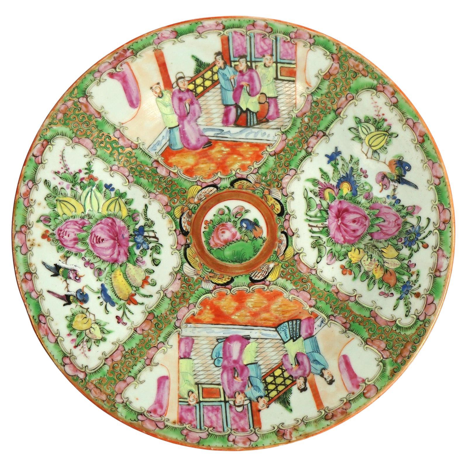 Antique Chinese Rose Medallion Porcelain Charger with Gardens & Figures C1900 For Sale