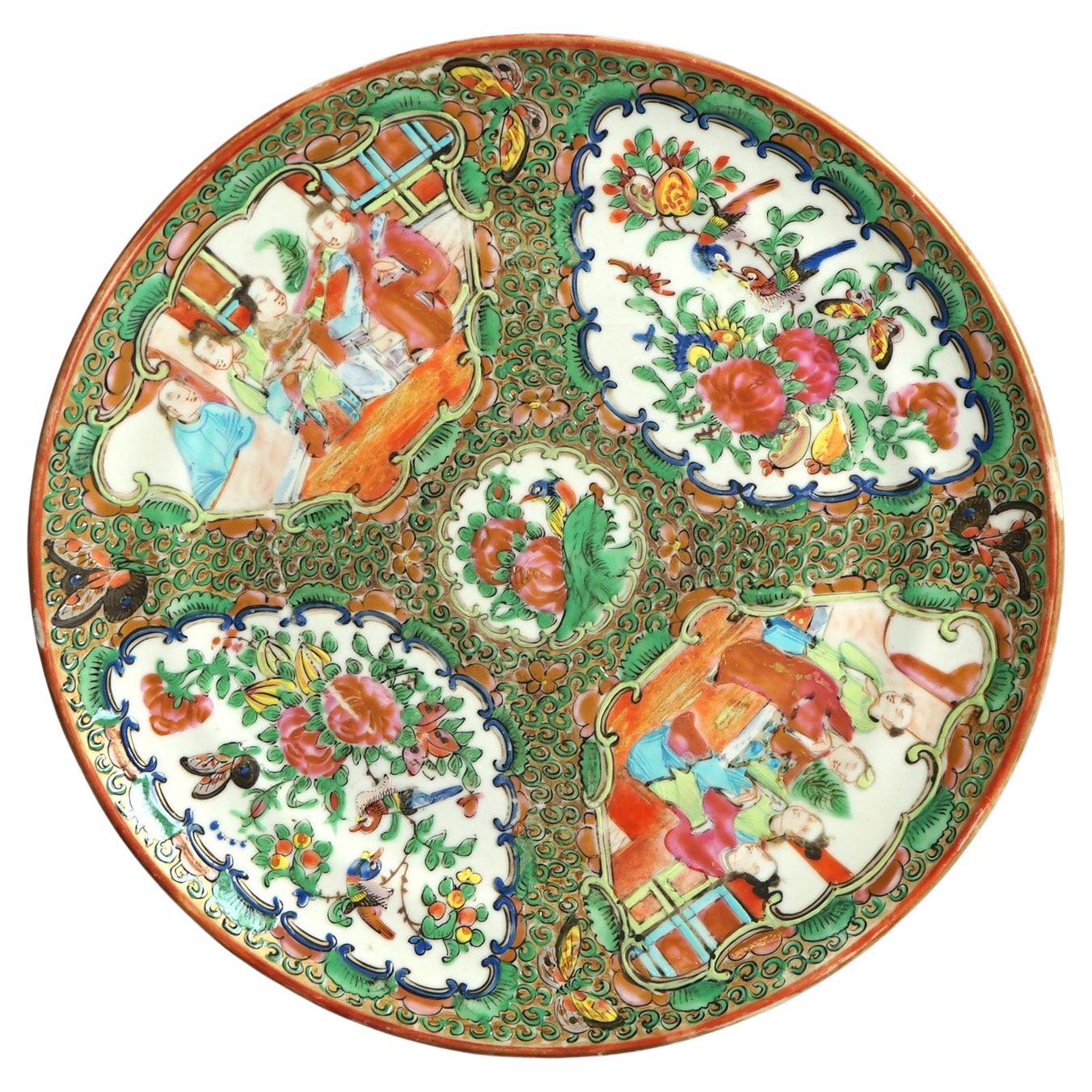 Antique Chinese Rose Medallion Porcelain Plate with Gardens & Figures C1900 For Sale