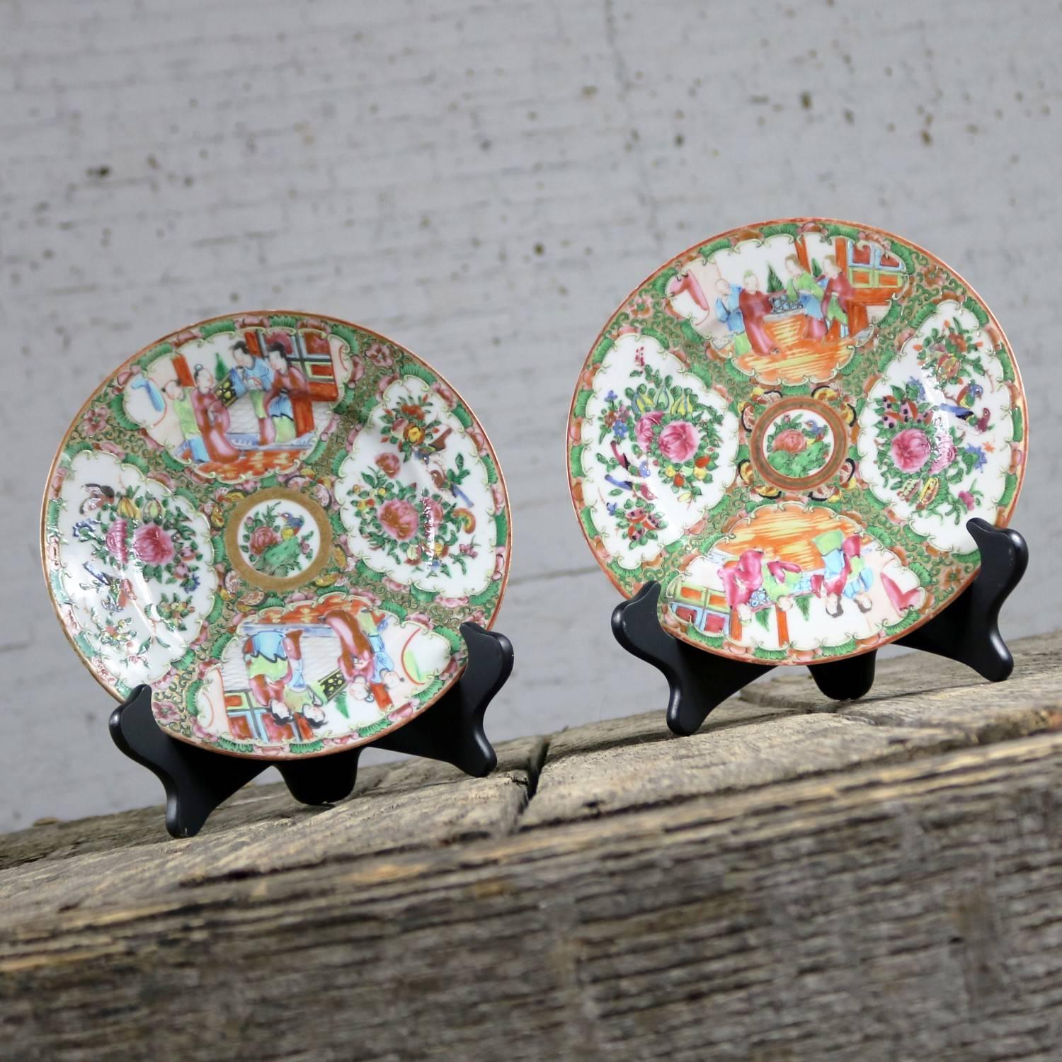 Chinese Export Antique Chinese Rose Medallion Porcelain Plates, Set of Two