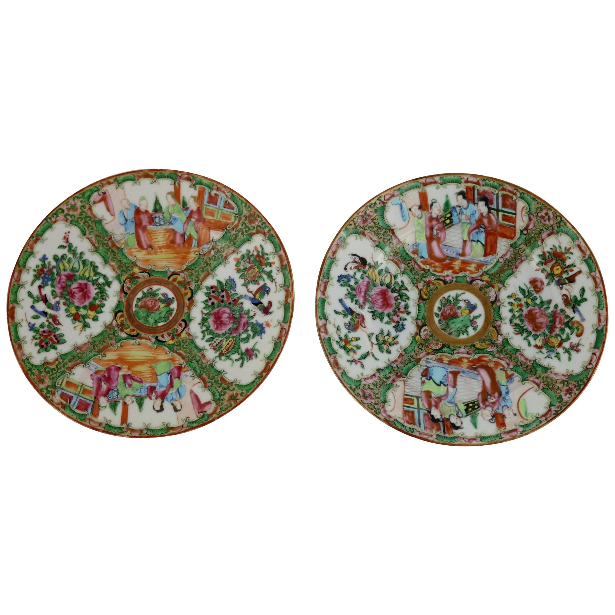 Antique Chinese Rose Medallion Porcelain Plates, Set of Two