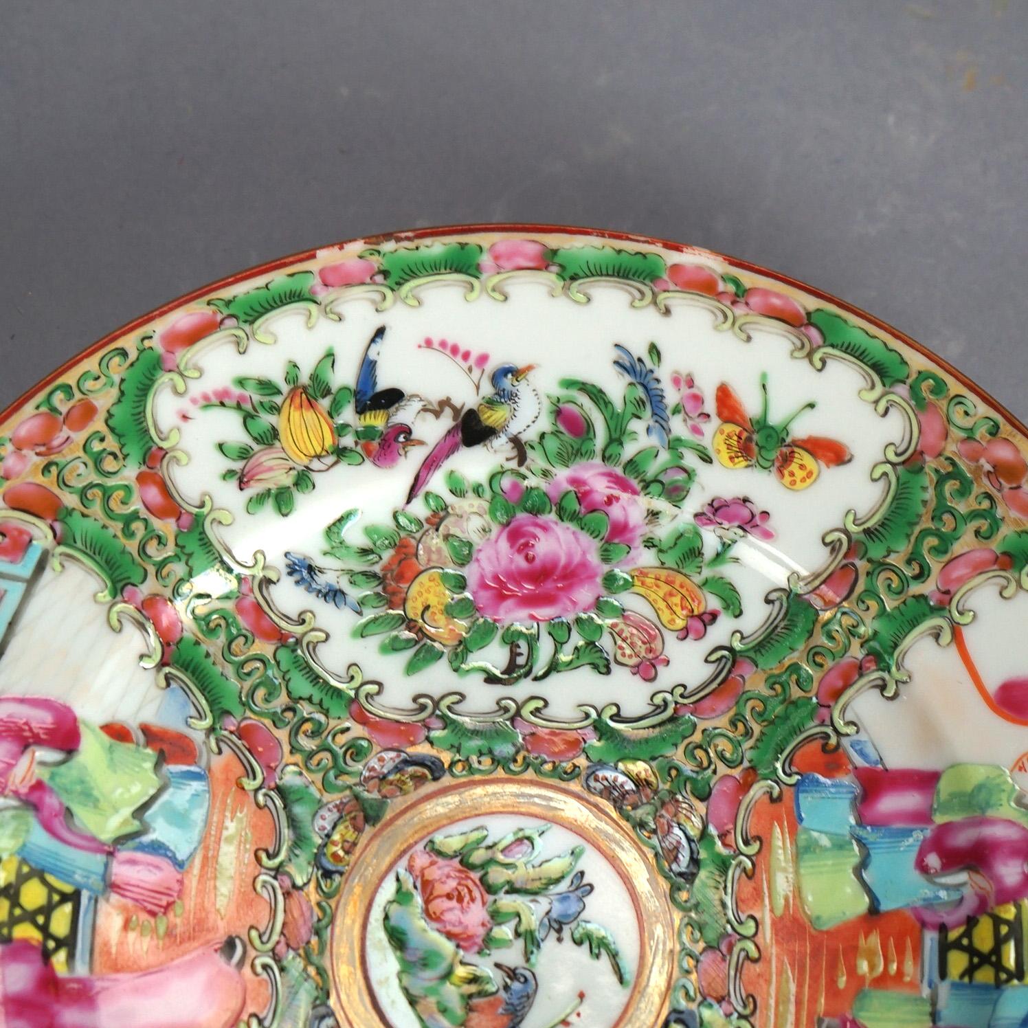 Gilt Antique Chinese Rose Medallion Porcelain Plates with Gardens & Figures C1900 For Sale