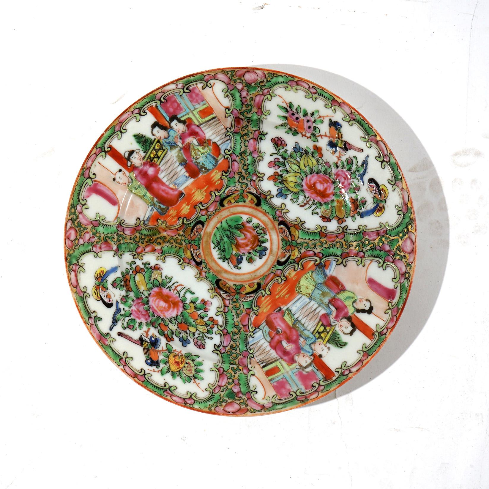 20th Century Antique Chinese Rose Medallion Porcelain Plates with Gardens & Figures C1900 For Sale