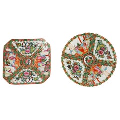Vintage Chinese Rose Medallion Porcelain Plates with Gardens & Figures C1900