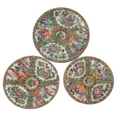 Used Chinese Rose Medallion Porcelain Plates with Gardens & Figures C1900