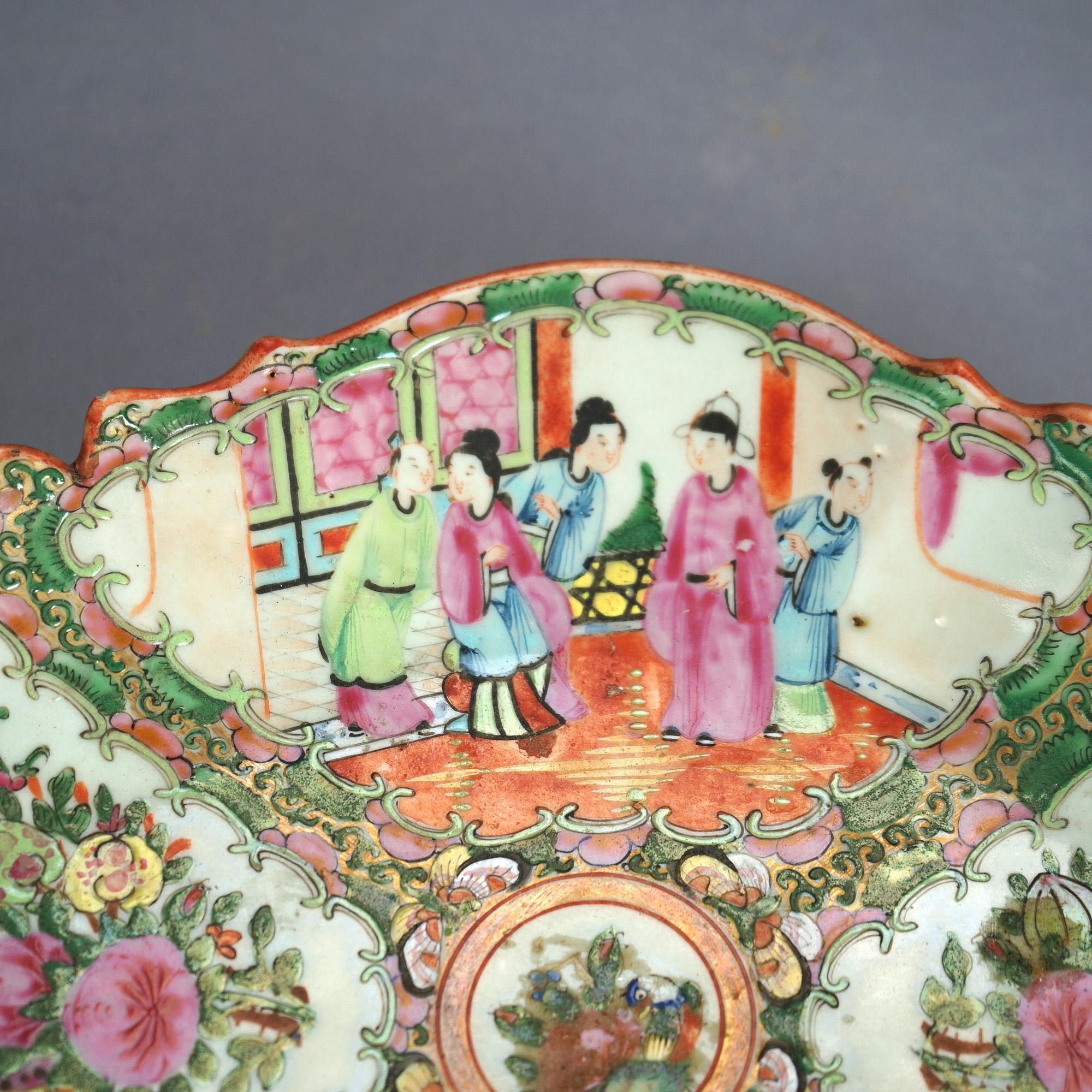 Antique Chinese Rose Medallion Porcelain Platter with Gardens & Figures C1900 In Good Condition In Big Flats, NY