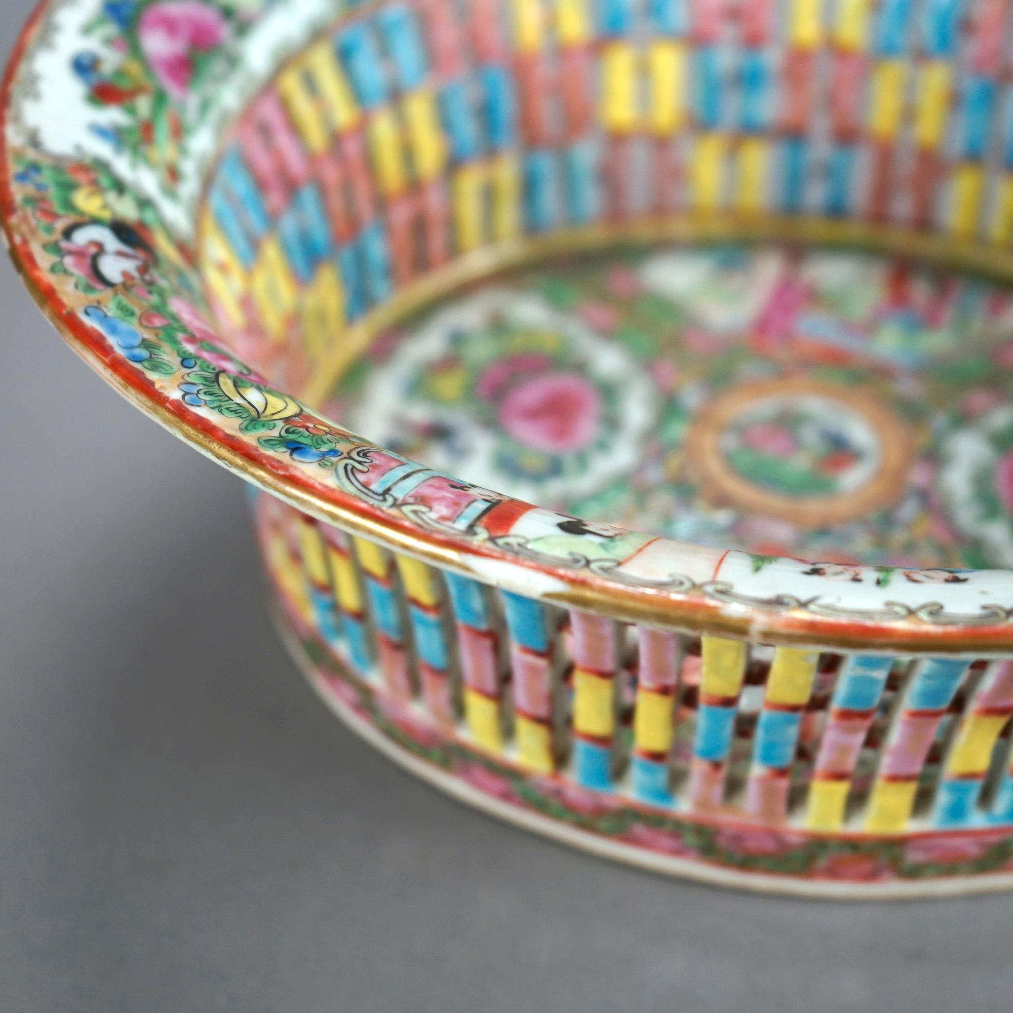 20th Century Antique Chinese Rose Medallion Porcelain Reticulated Porcelain Basket, c1900 