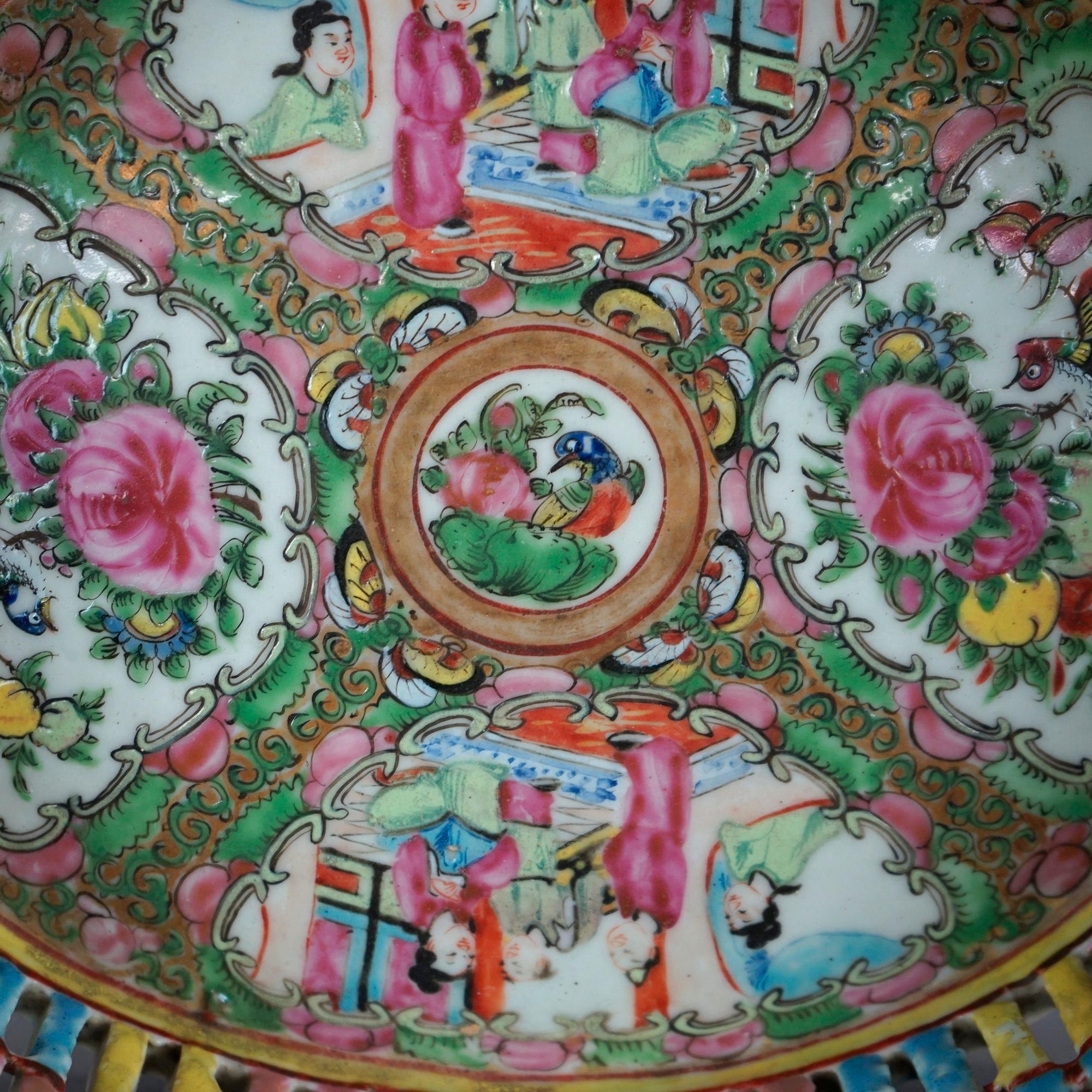 Antique Chinese Rose Medallion Porcelain Reticulated Porcelain Basket, c1900  1