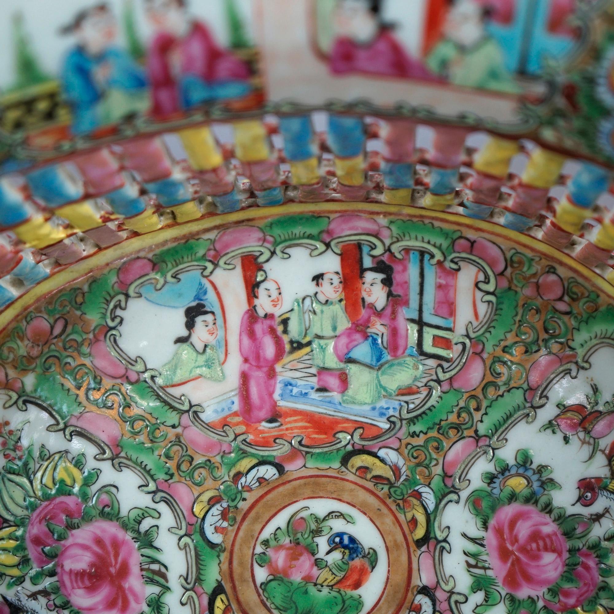 Antique Chinese Rose Medallion Porcelain Reticulated Porcelain Basket, c1900  3
