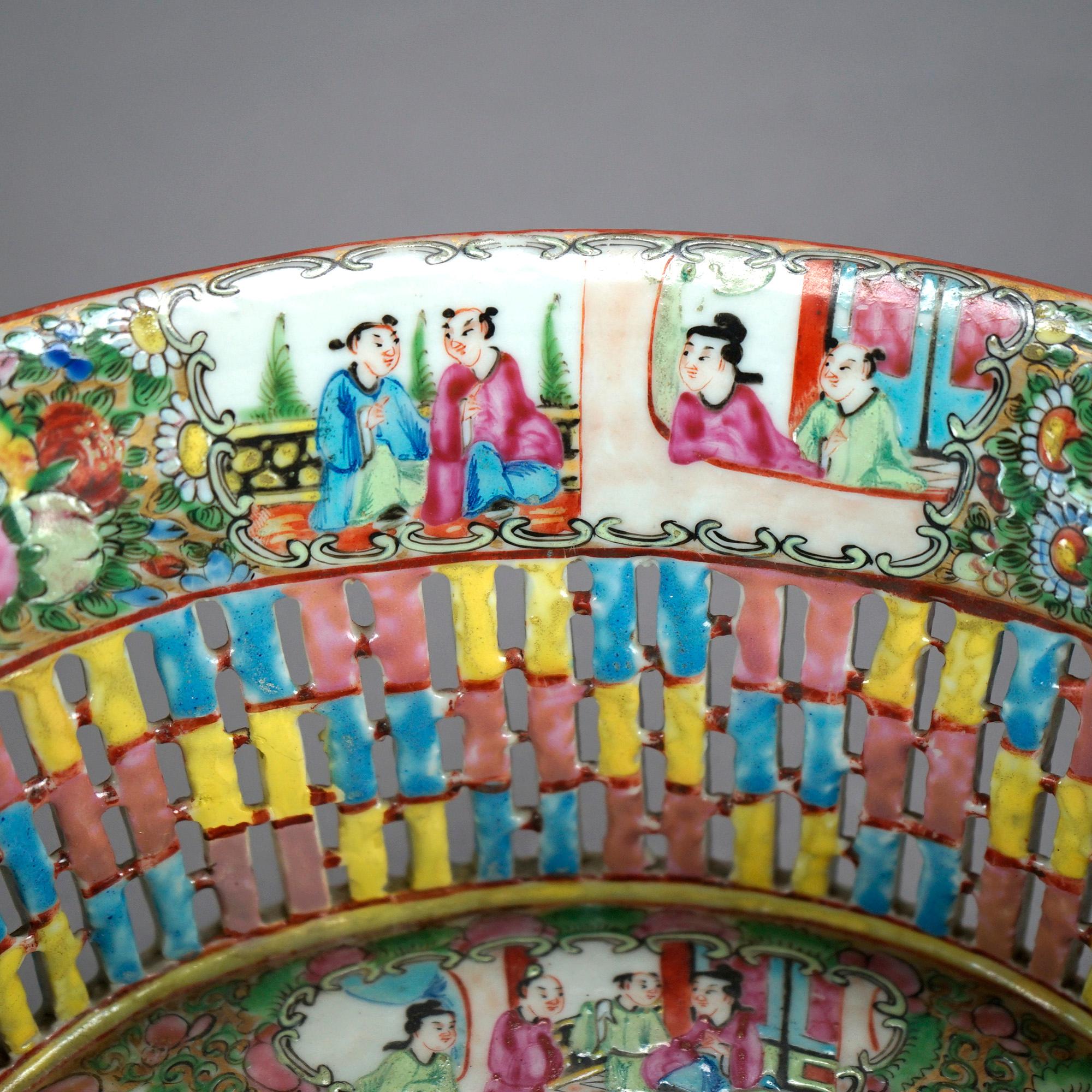 Antique Chinese Rose Medallion Porcelain Reticulated Porcelain Basket, c1900  4