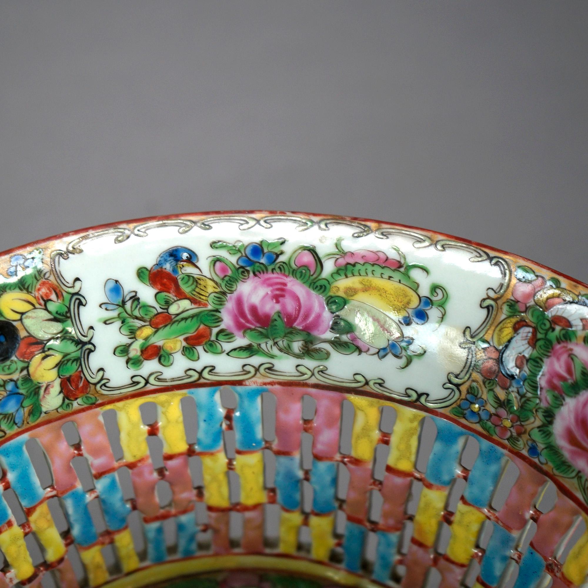 Antique Chinese Rose Medallion Porcelain Reticulated Porcelain Basket, c1900  5
