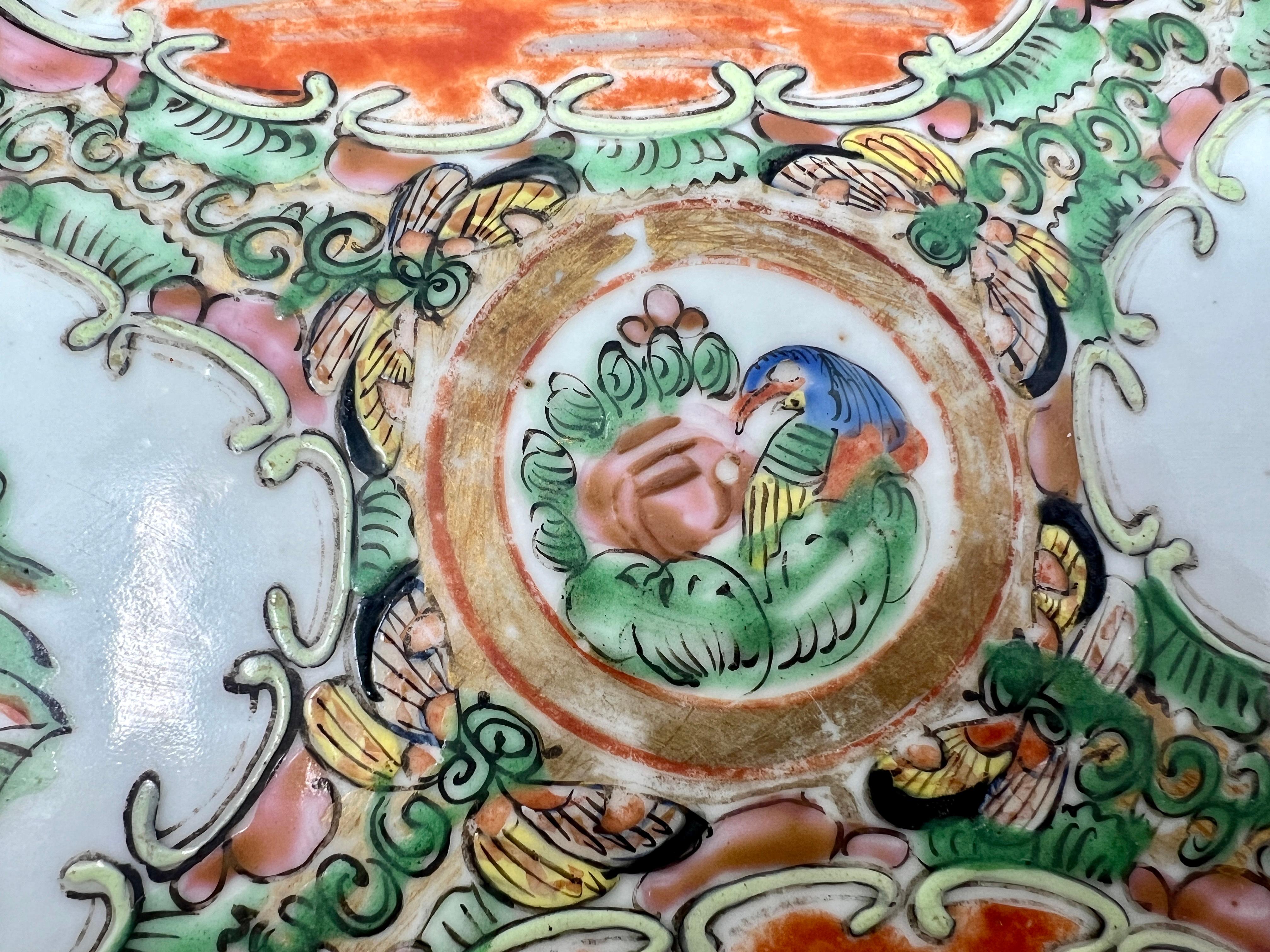 Antique Chinese Rose Medallion Porcelain Shrimp Plate, Circa 1920s.