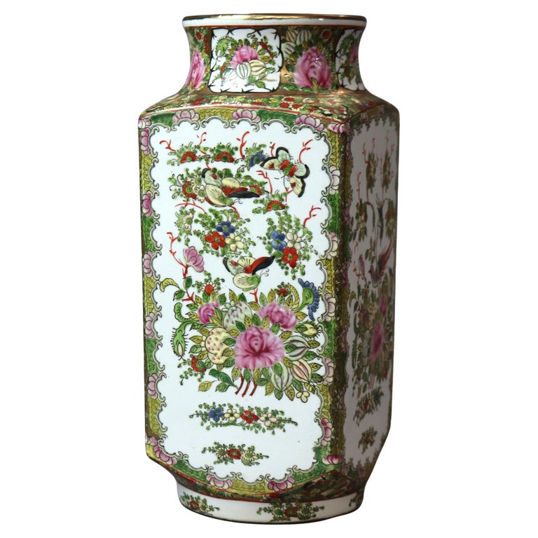 Antique Chinese Rose Medallion Porcelain Vase with Garden Scene, circa