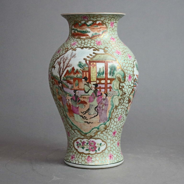 Antique Chinese Rose Medallion Porcelain Vase with Genre Scenes, circa
