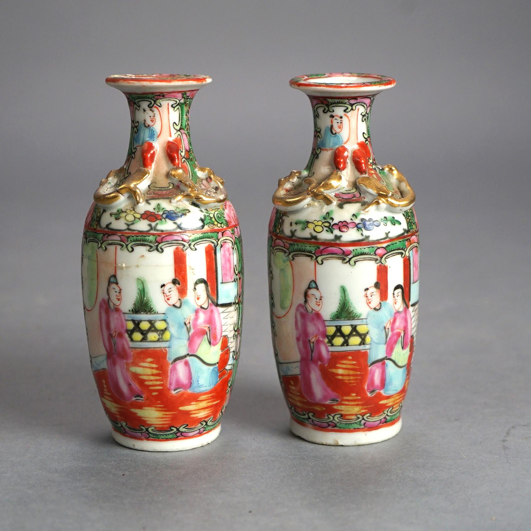 Gilt Antique Chinese Rose Medallion Porcelain Vases with Gardens & Figures C1900 For Sale