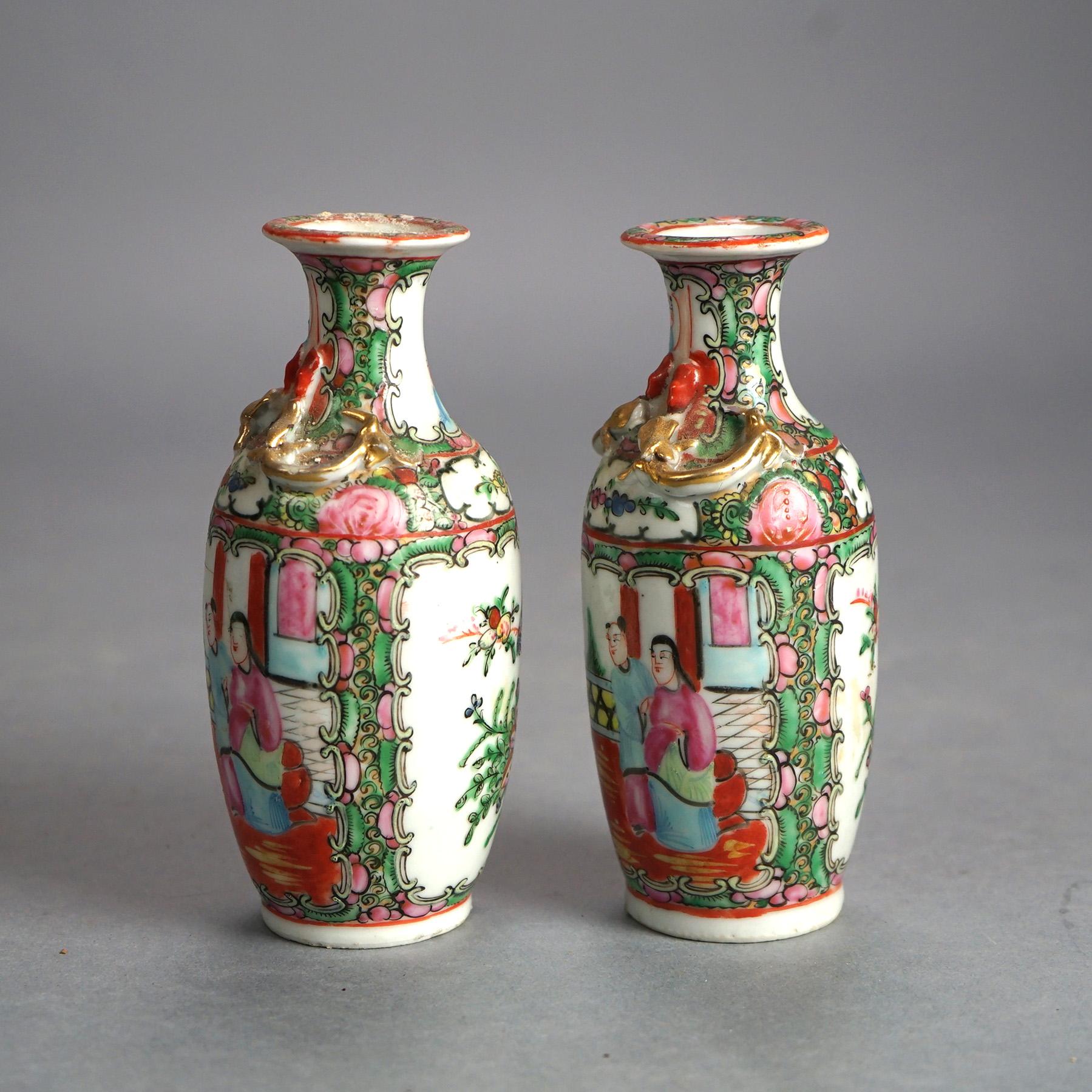 Antique Chinese Rose Medallion Porcelain Vases with Gardens & Figures C1900 In Good Condition For Sale In Big Flats, NY