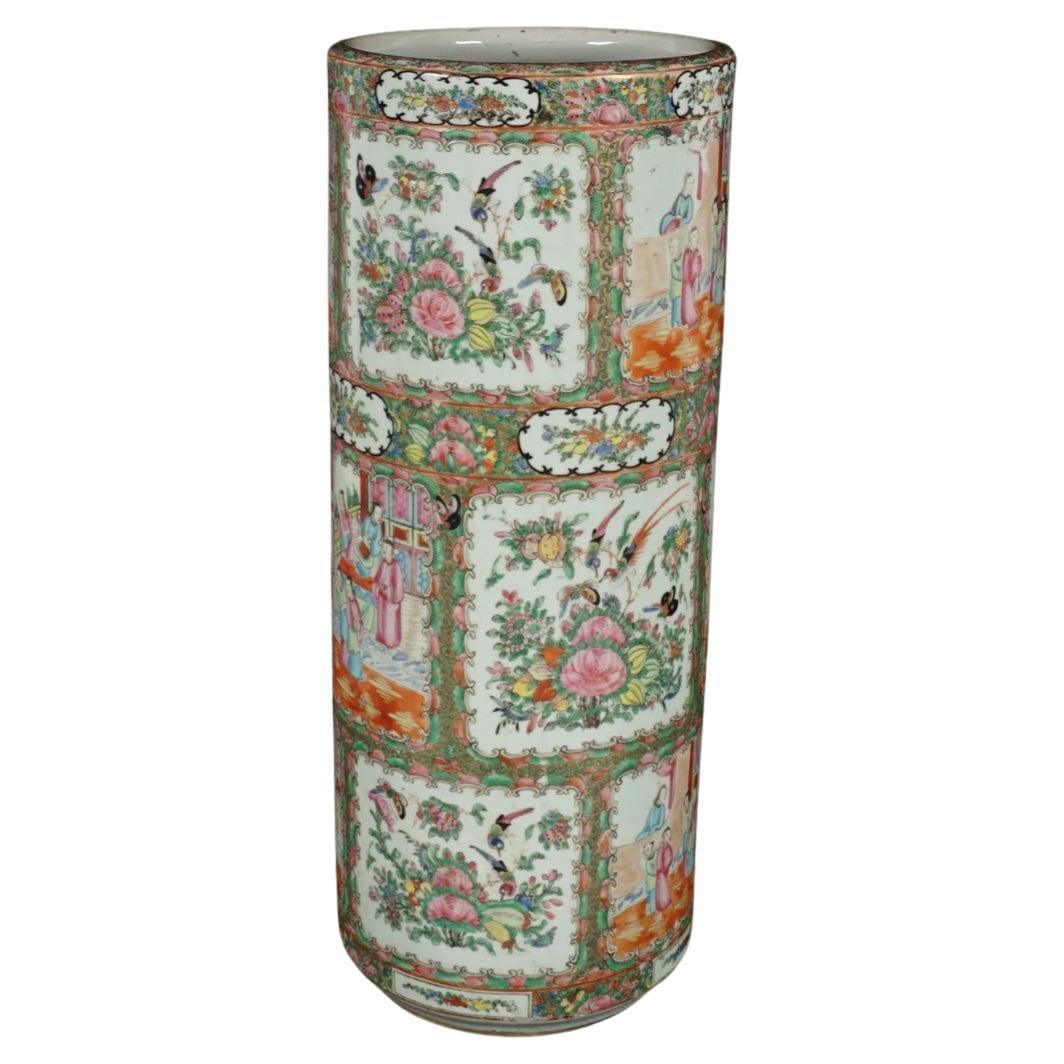 Antique Chinese rose medallion umbrella stand. Vibrant floral field, genre scenes in reserves, unmarked.