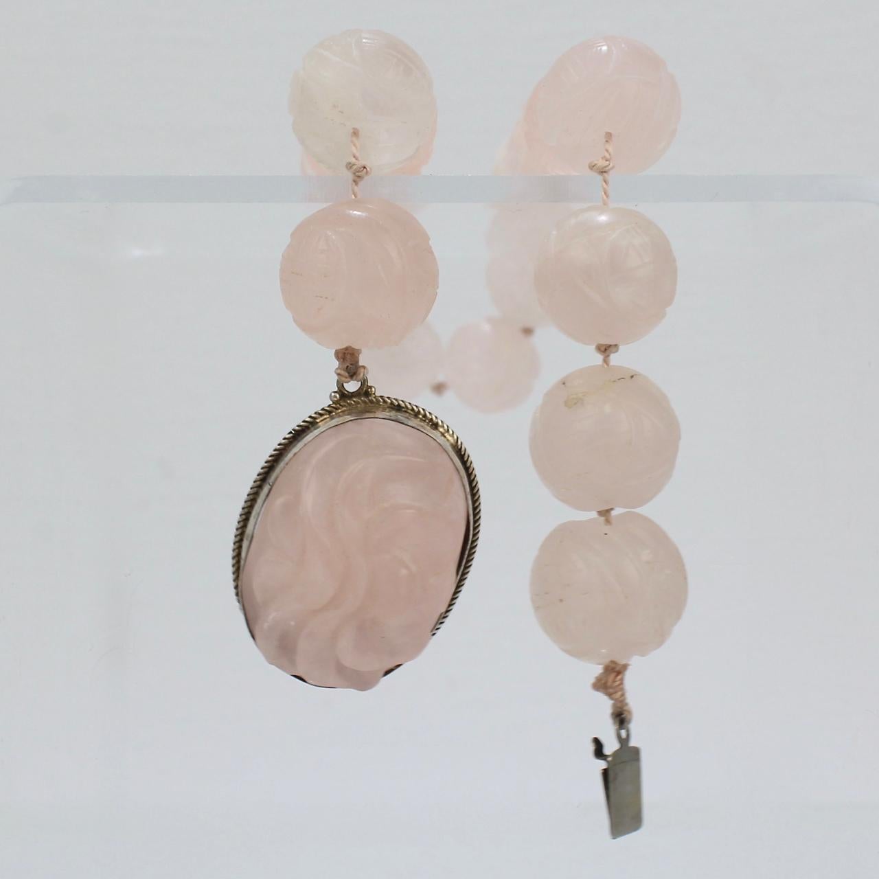 Antique Chinese Rose Quartz Beaded Choker Necklace Retailed by John Wannamaker For Sale 5