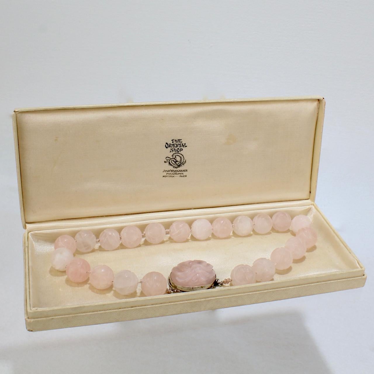 Antique Chinese Rose Quartz Beaded Choker Necklace Retailed by John Wannamaker For Sale 7