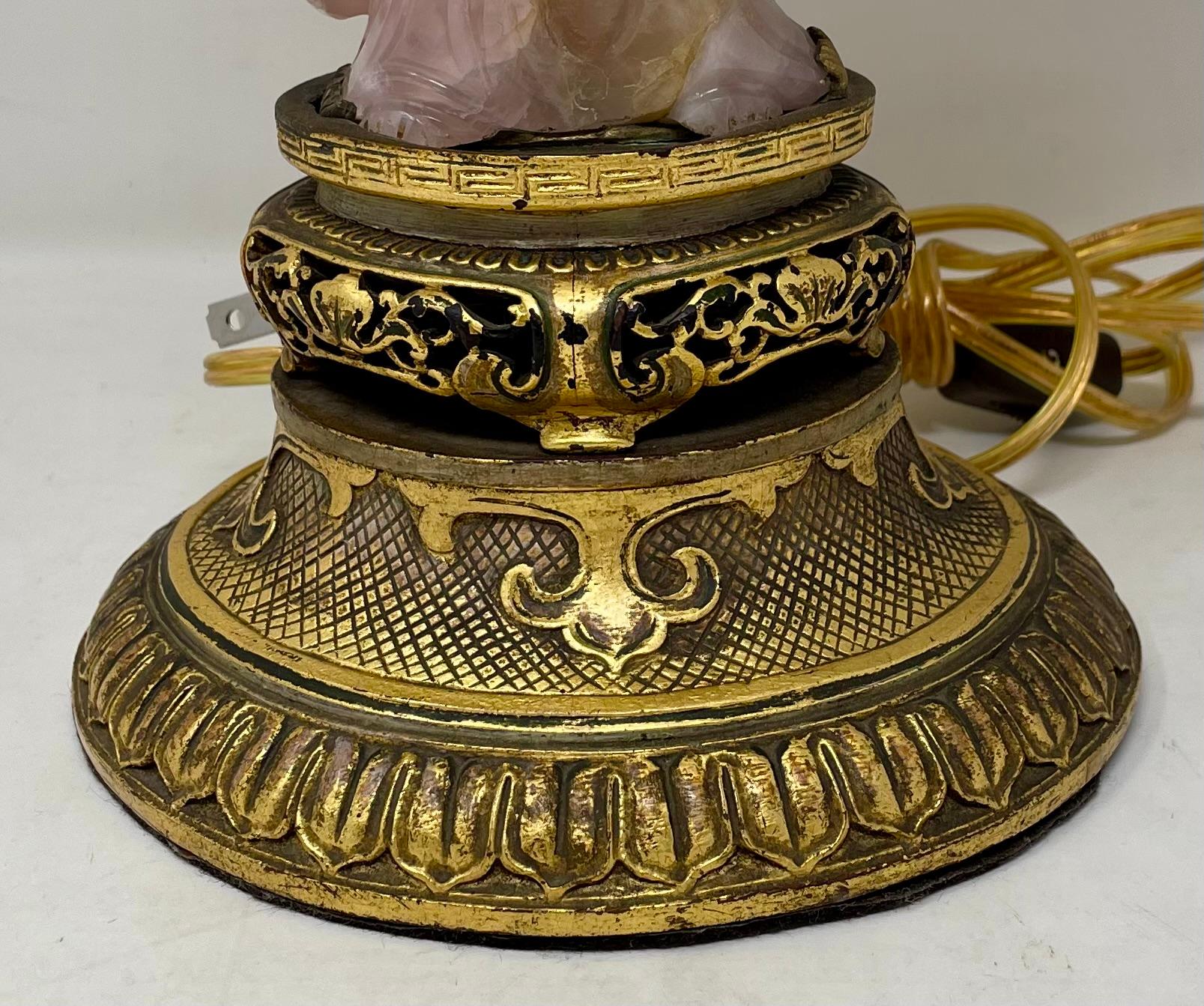 Antique Chinese Rose Quartz Figure Table Lamp on Carved Giltwood Base, Circa 1890-1910.