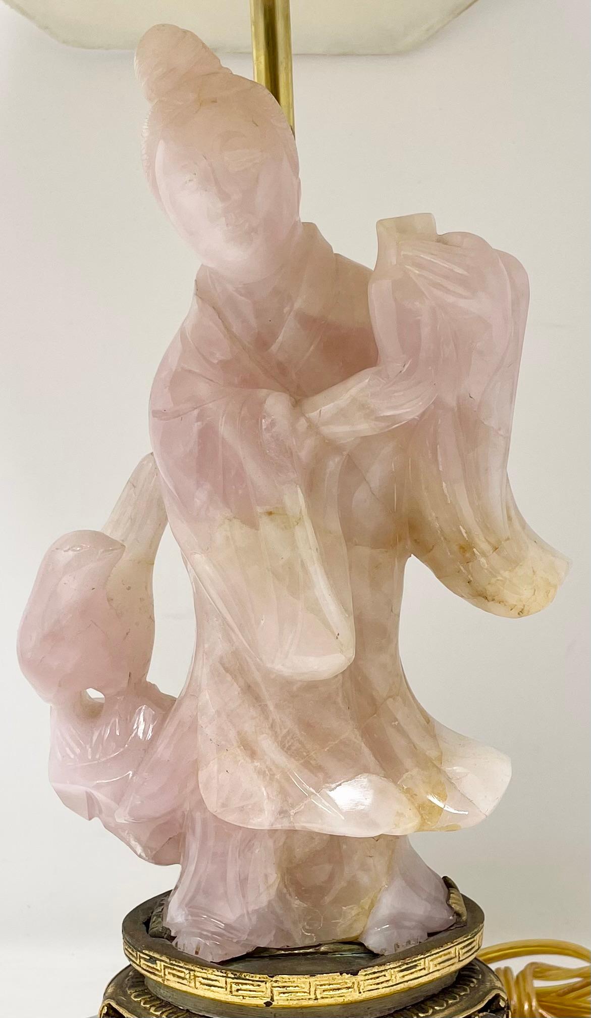 Antique Chinese Rose Quartz Figure Table Lamp on Carved Giltwood Base Circa 1900 In Good Condition For Sale In New Orleans, LA