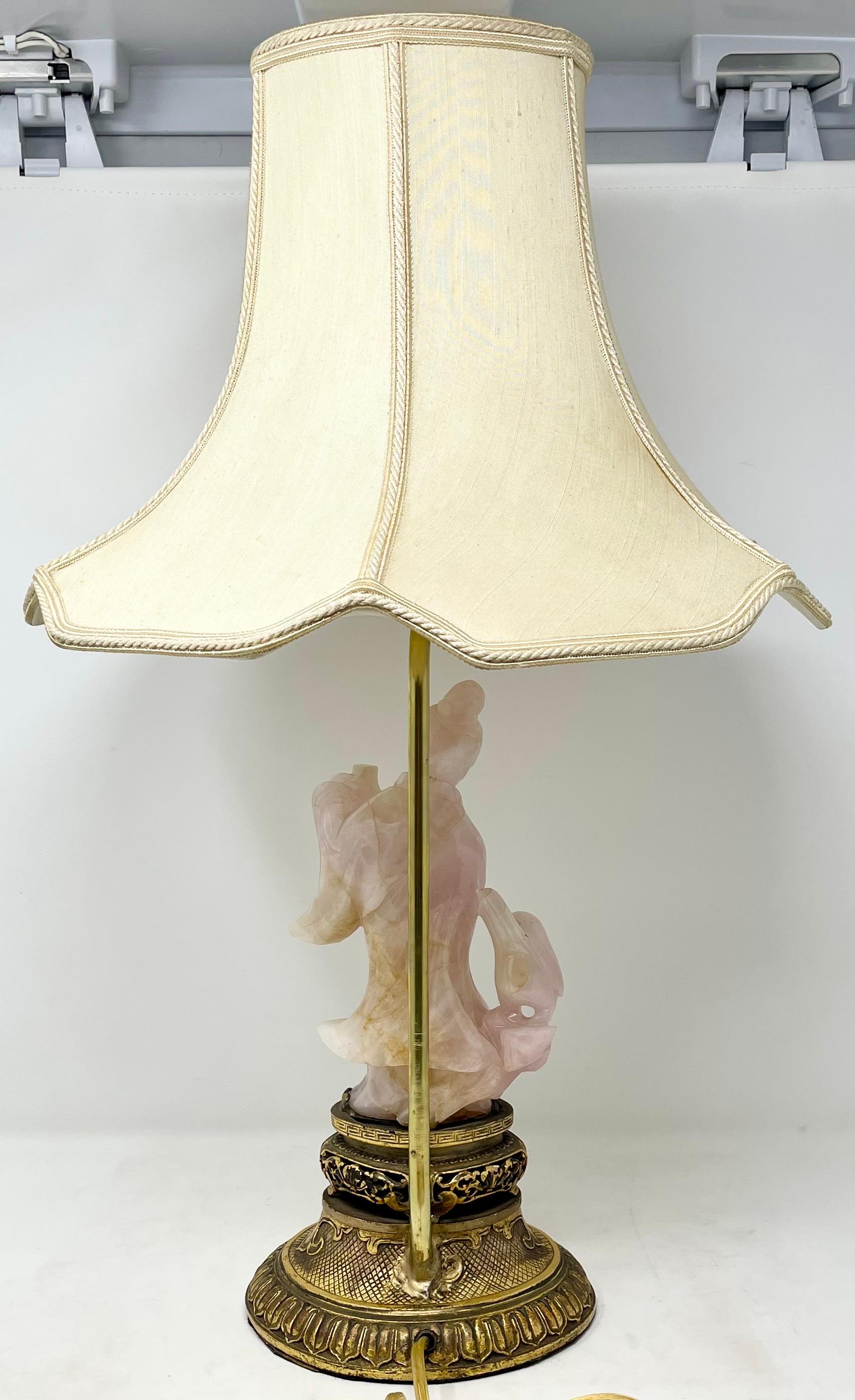 Antique Chinese Rose Quartz Figure Table Lamp on Carved Giltwood Base Circa 1900 For Sale 2