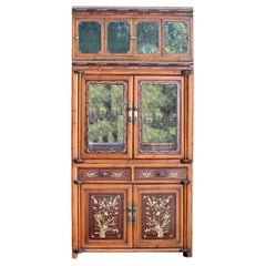 Antique Chinese Rosewood Cabinet with Bone Inlay Glass Curio Three Tiered