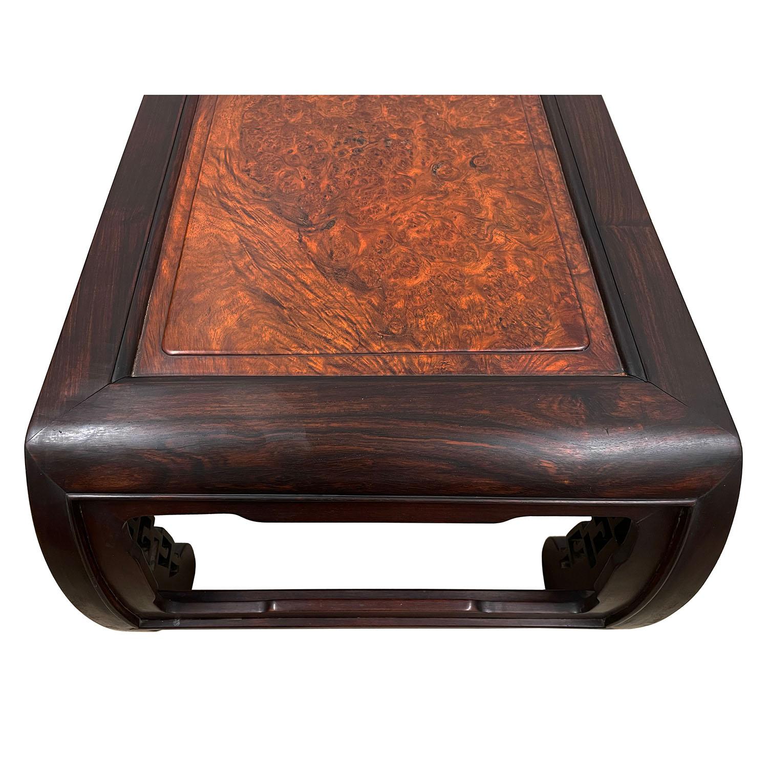 Antique Chinese Rosewood Carved Coffee Table with Burl Wood Top 2