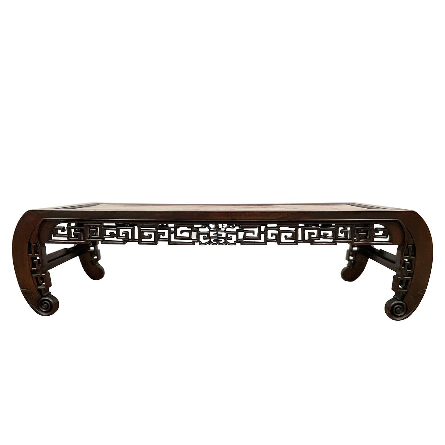 Antique Chinese Rosewood Carved Coffee Table with Burl Wood Top 3