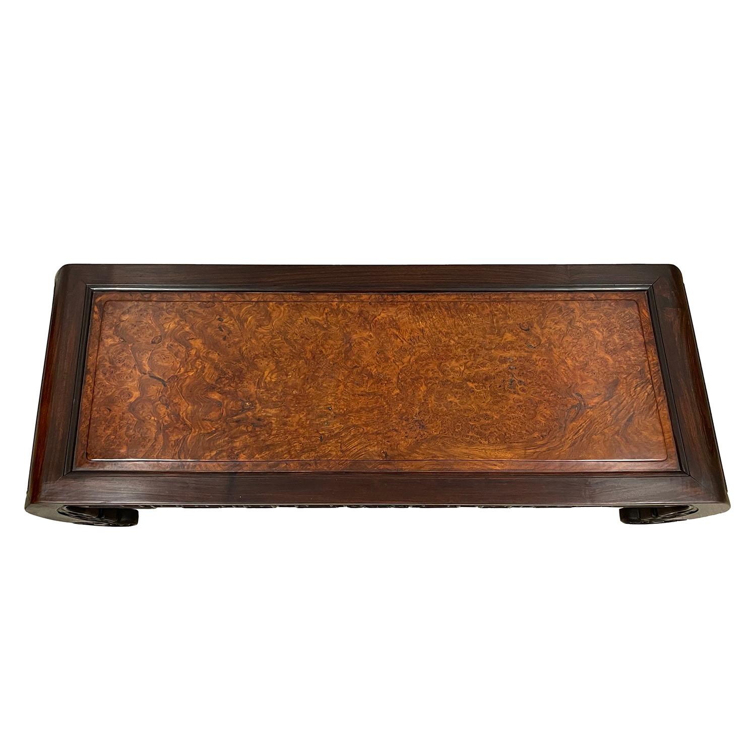 Chinese Export Antique Chinese Rosewood Carved Coffee Table with Burl Wood Top