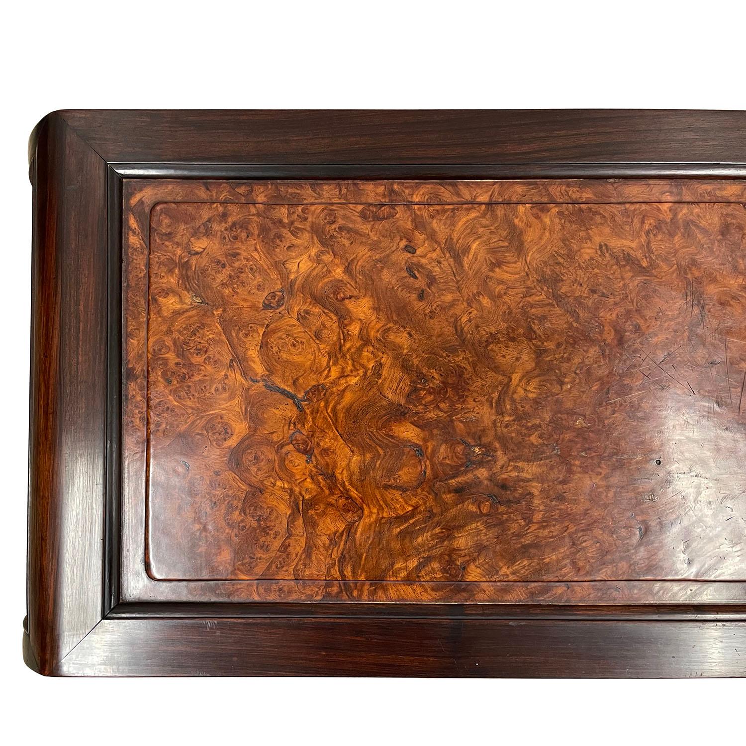 Hand-Carved Antique Chinese Rosewood Carved Coffee Table with Burl Wood Top