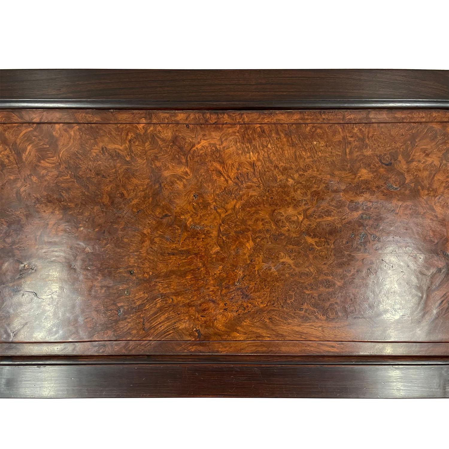 Antique Chinese Rosewood Carved Coffee Table with Burl Wood Top In Good Condition In Pomona, CA