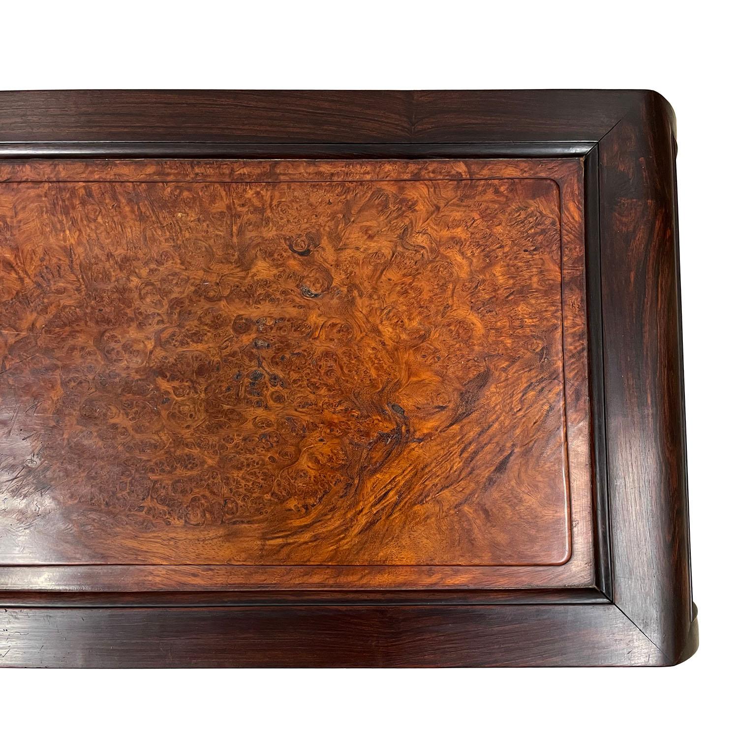 Early 20th Century Antique Chinese Rosewood Carved Coffee Table with Burl Wood Top