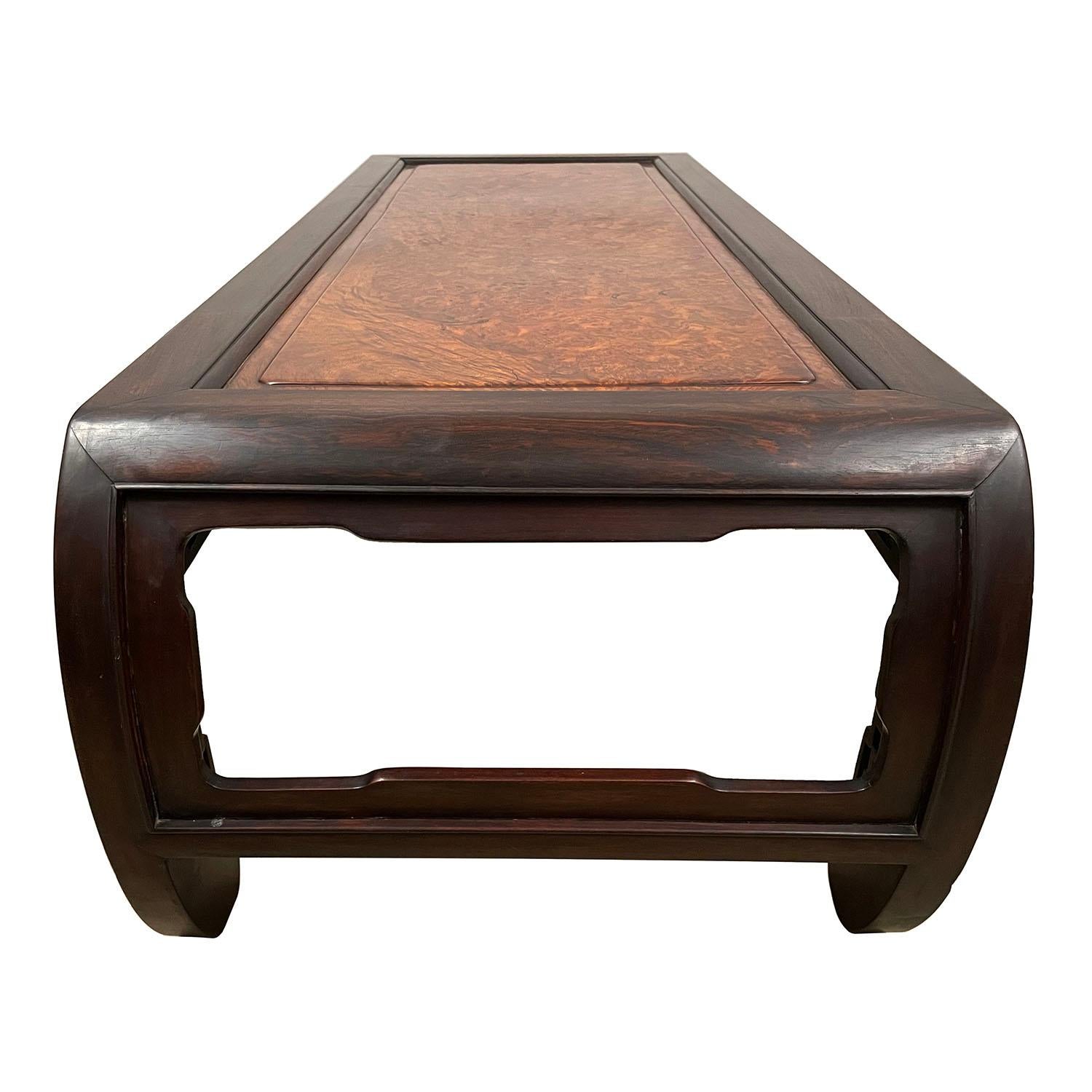 Antique Chinese Rosewood Carved Coffee Table with Burl Wood Top 1