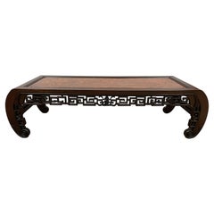 Antique Chinese Rosewood Carved Coffee Table with Burl Wood Top