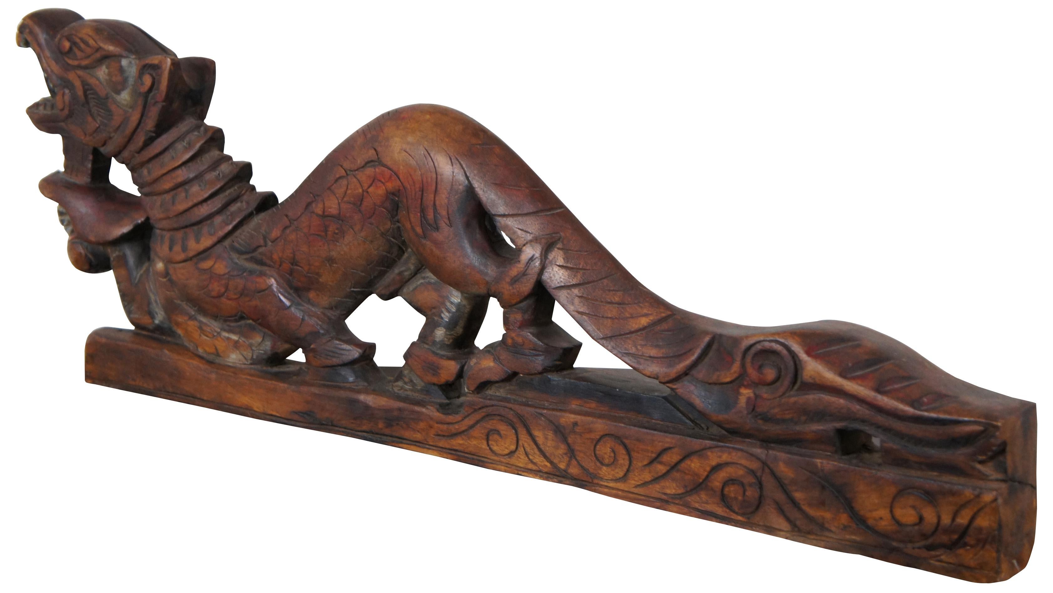 Chinoiserie Antique Chinese Rosewood Carved Dragon Serpent Sculpture Architectural For Sale