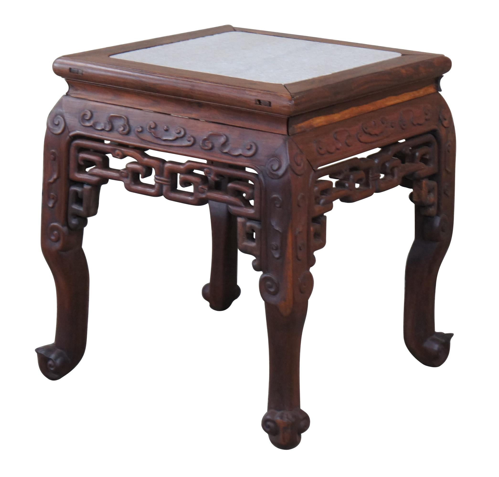 Chinoiserie Antique Chinese Rosewood Carved Marble Top Side Table Stool Plant Stand Pedestal For Sale