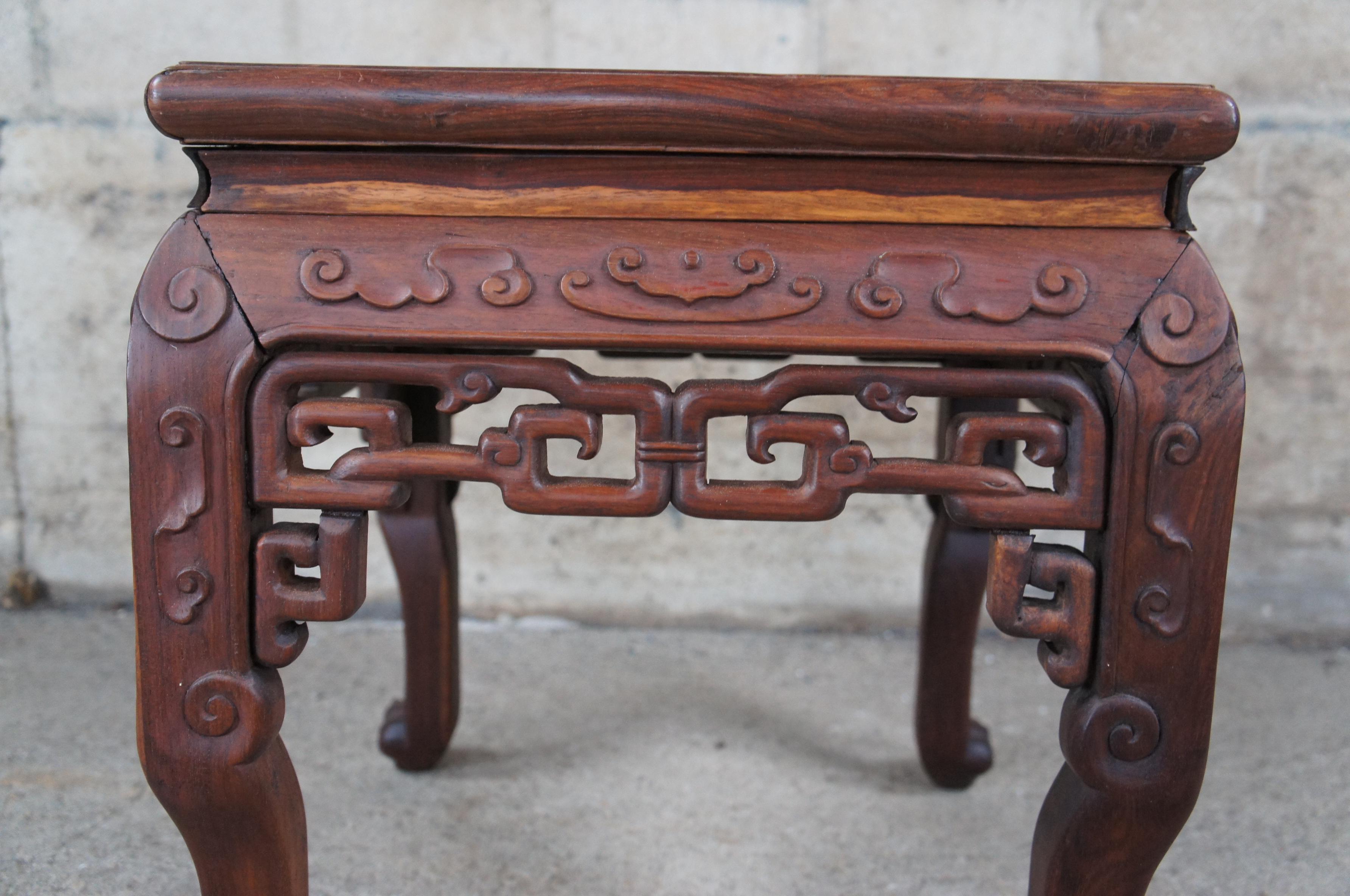 20th Century Antique Chinese Rosewood Carved Marble Top Side Table Stool Plant Stand Pedestal For Sale