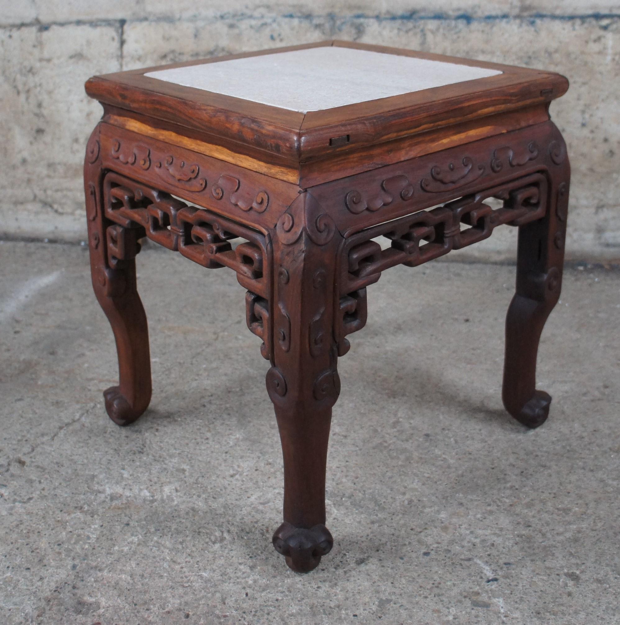 Antique Chinese Rosewood Carved Marble Top Side Table Stool Plant Stand Pedestal For Sale 2
