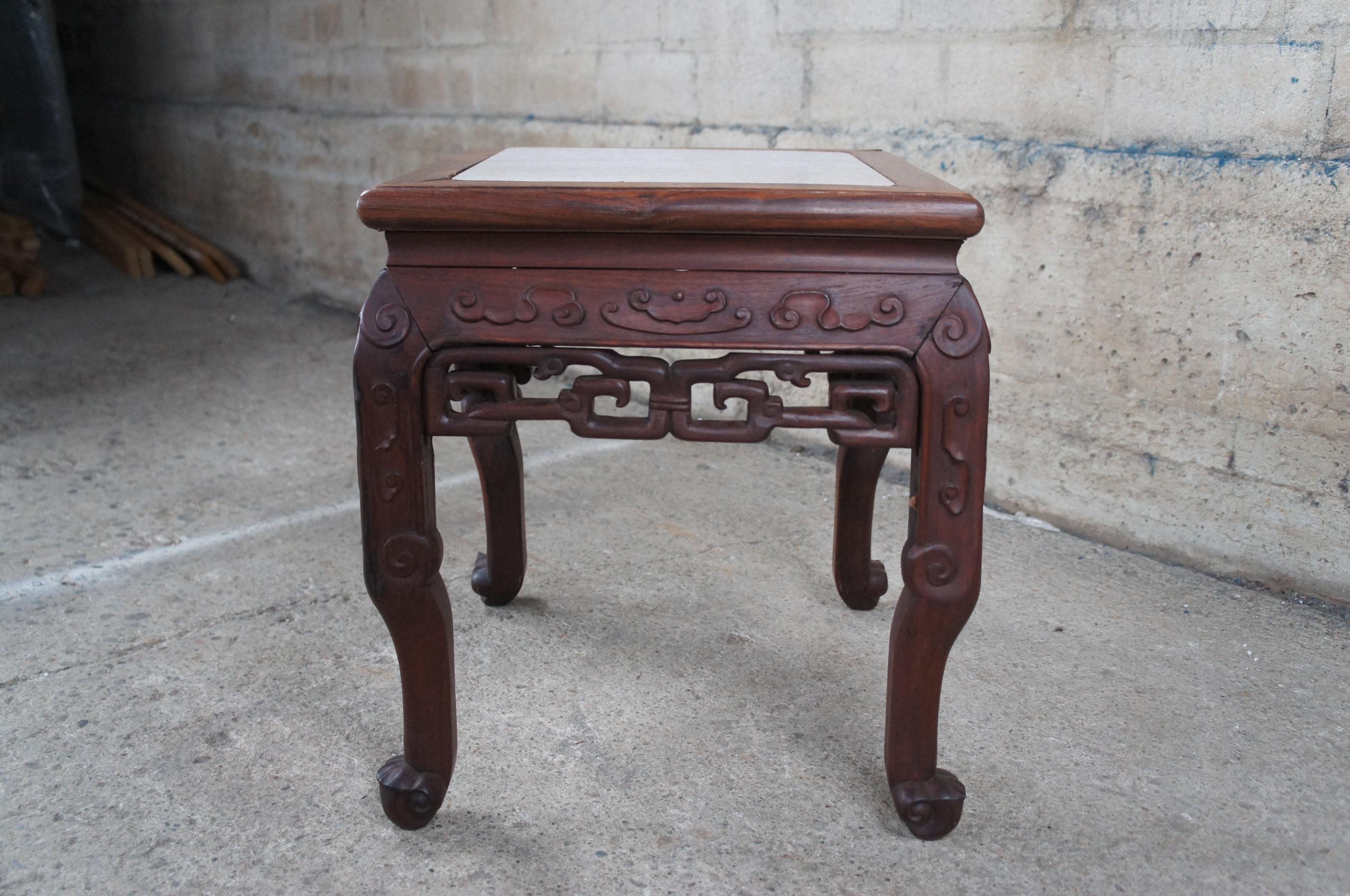 Antique Chinese Rosewood Carved Marble Top Side Table Stool Plant Stand Pedestal For Sale 4