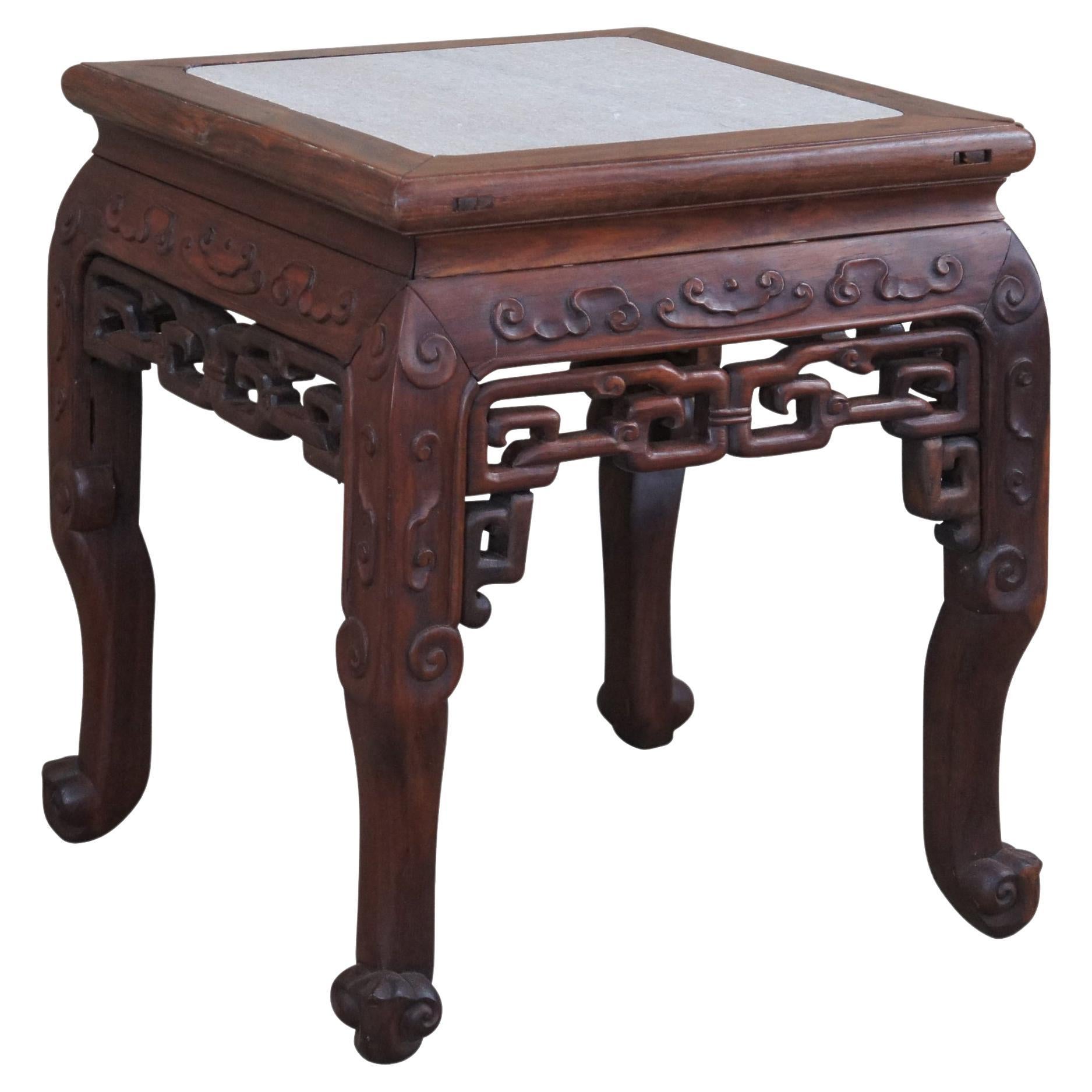 Antique Chinese Rosewood Carved Marble Top Side Table Stool Plant Stand Pedestal For Sale