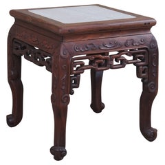 Antique Chinese Rosewood Carved Marble Top Side Table Stool Plant Stand Pedestal