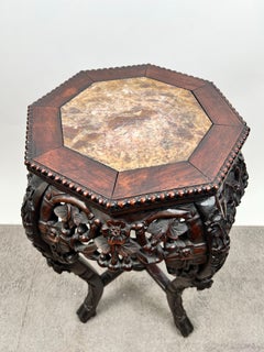 Antique Chinese Rosewood Hand Carved Octagonal w Marble Insert Pedestal or Table