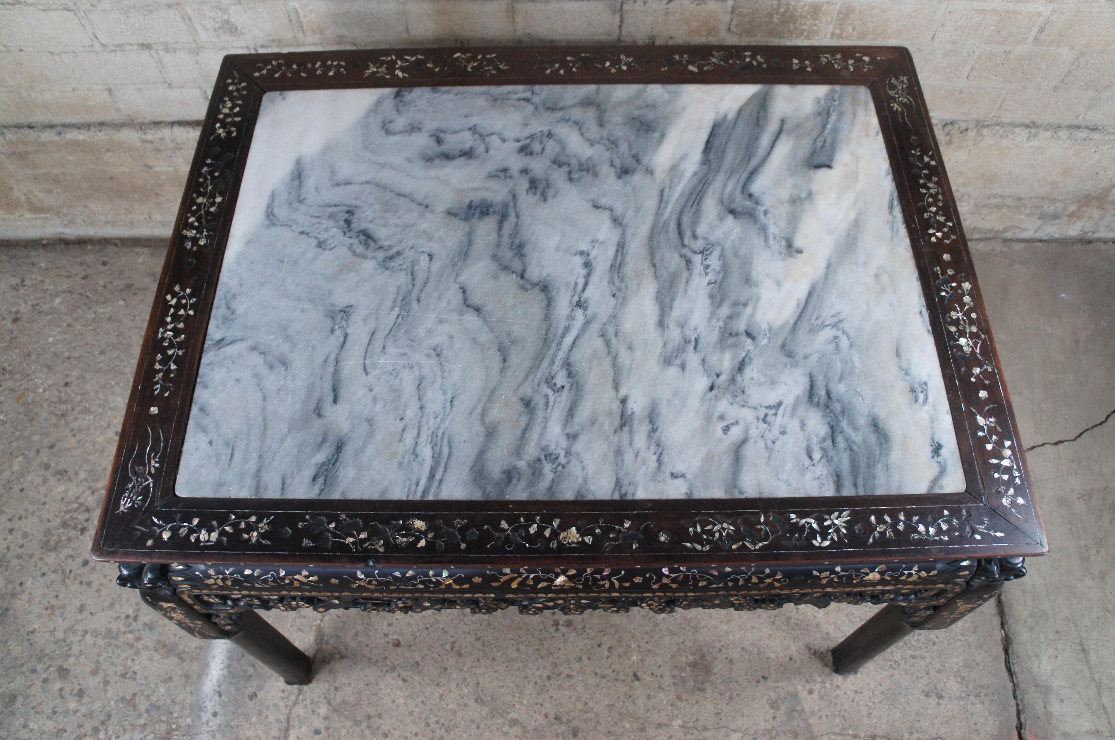 Antique Chinese Rosewood Mother of Pearl Inlay Marble Console or Dining Table In Good Condition In Dayton, OH