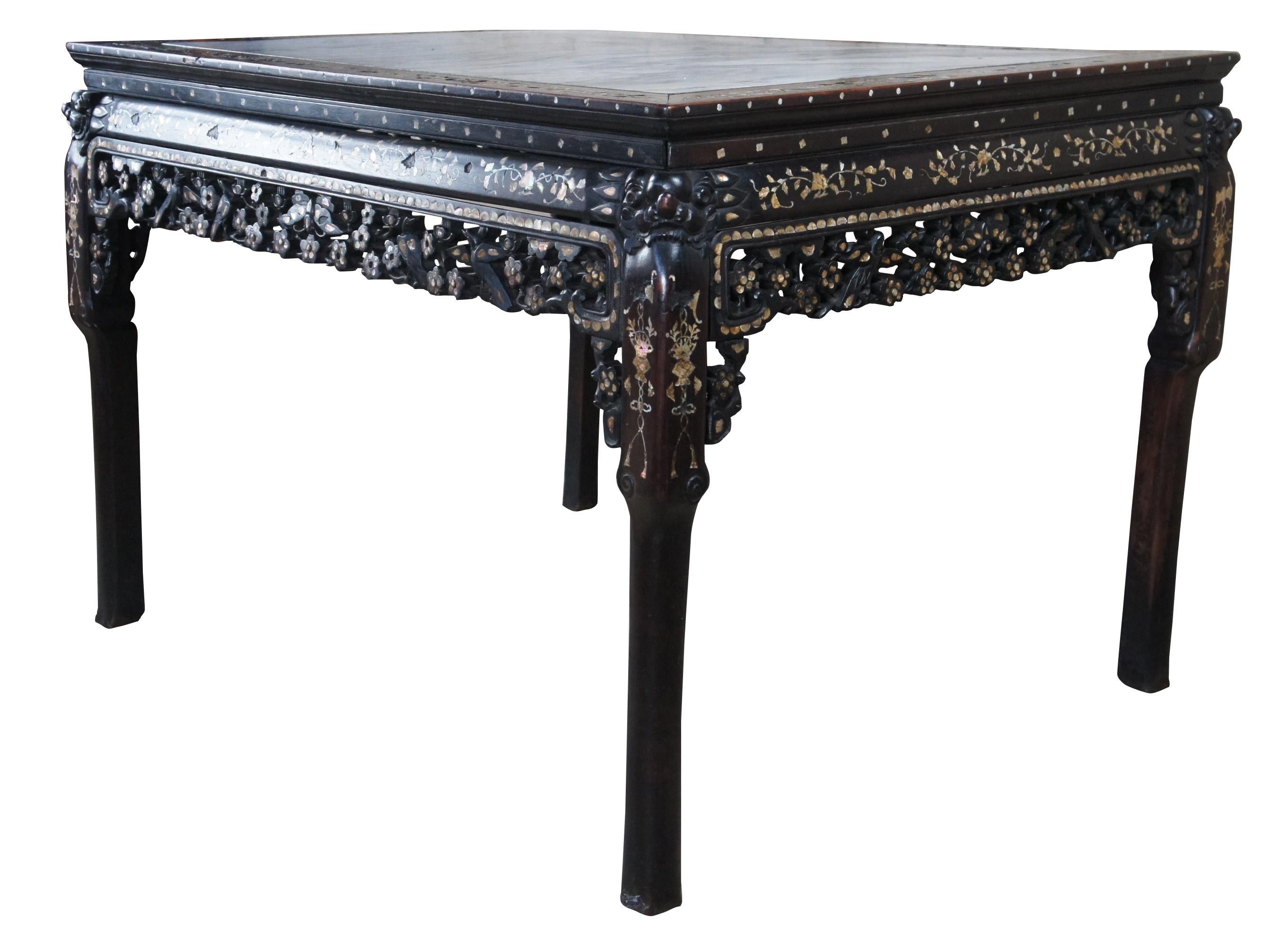 Chinese Export Antique Chinese Rosewood Mother of Pearl Inlay Marble Console or Dining Table