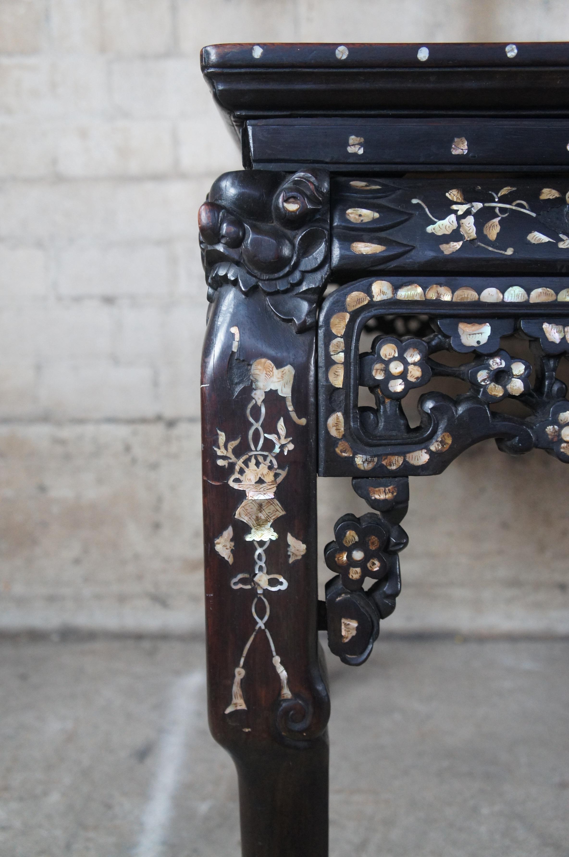 19th Century Antique Chinese Rosewood Mother of Pearl Inlay Marble Console or Dining Table