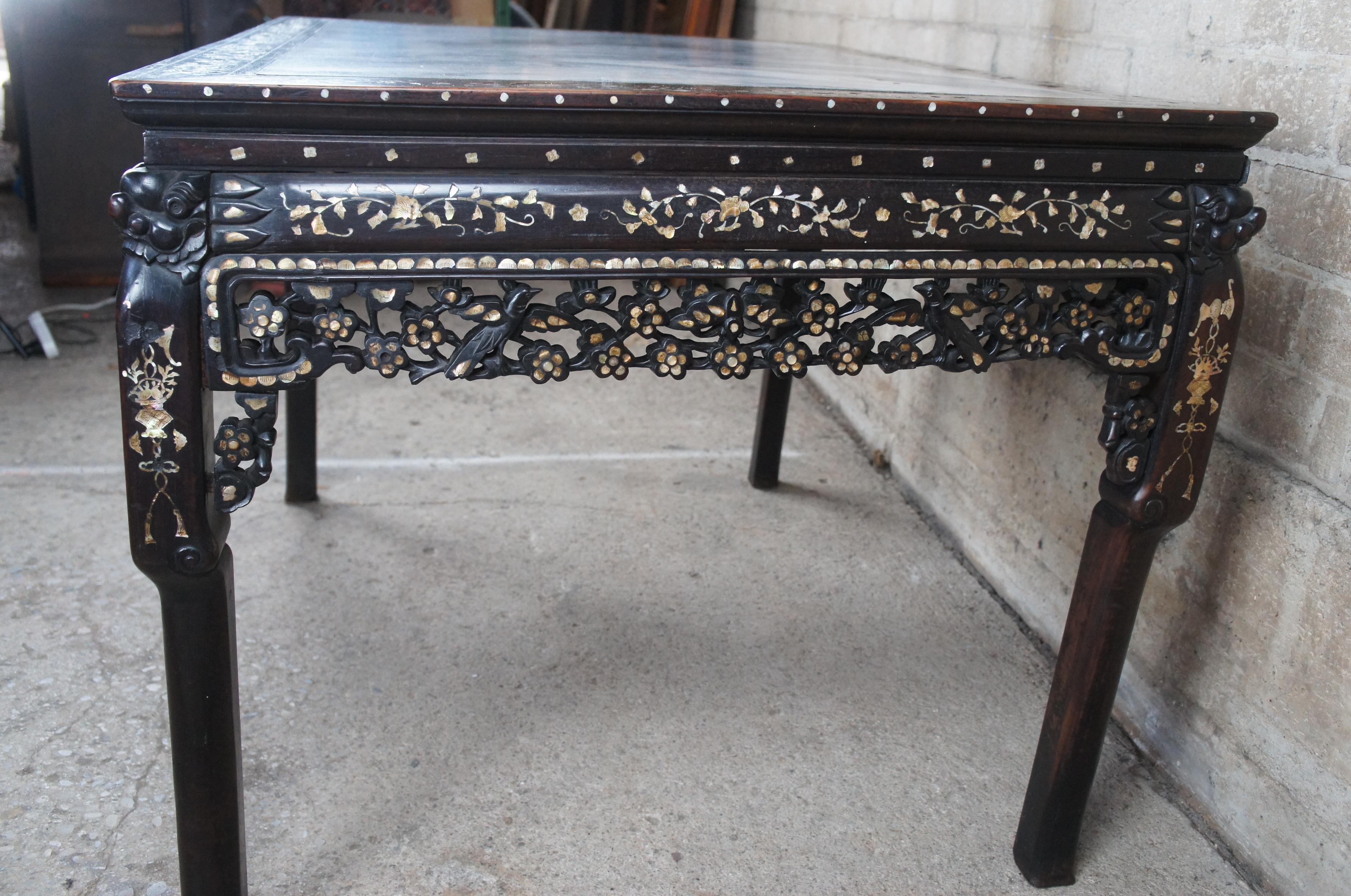 Antique Chinese Rosewood Mother of Pearl Inlay Marble Console or Dining Table 3